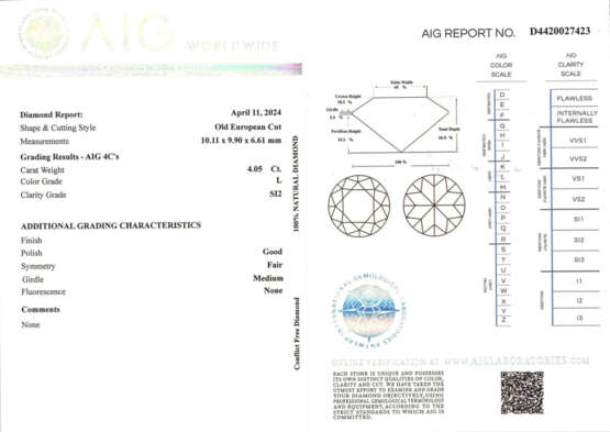 MARINA B - ILLARIO | Round ct. 3.74 and ct. 4.05 diamond white gold earrings, g 5.13 circa, length cm 1.1 circa. Signed Marina B, MB, marked 26 AL, diamond carat weight and inventory number. | | Appended diamond report AIG n. D4420027322 11/04/2024 - photo 4