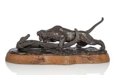 Feine Bronzegruppe mit Darstellung von einem Tiger im Kampf mit einem Krokodil