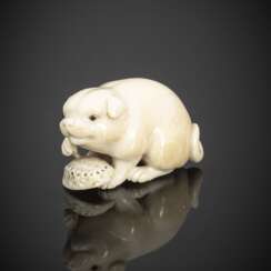 Feines Netsuke eines Welpen aus Elfenbein von Okatori