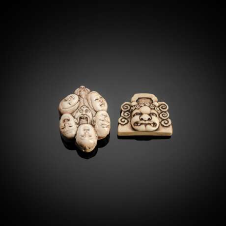 Feines Maskennetsuke mit zwölf Masken und Ziegel mit Dämonenmaske aus Elfenbein gearbeitet - photo 1