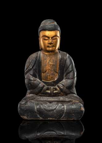 Figur des Buddha aus Holz mit partieller Vergoldung - photo 2