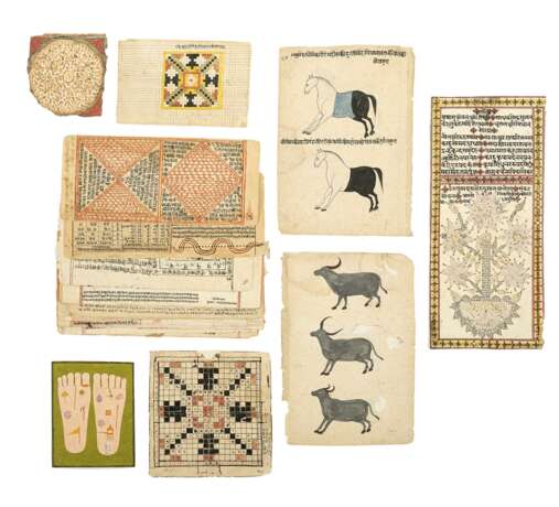 Gruppe von Buchseiten und Manuskripten mit Darstellungen von Pferden u. a. - Foto 1