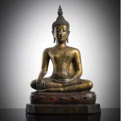 Gold und rot lackierte Bronze des Buddha Shakyamuni