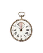 Produktkatalog. Daniel Moilliet, a Geneve | silver pocket watch | 17th/18th century | Key-wind movement | White dial with roman numerals and window for rotating iconography with five scenes | Diam. mm 46 | (defects)