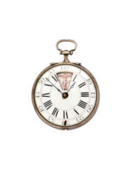 Daniel Moilliet, a Geneve | silver pocket watch | 17th/18th century | Key-wind movement | White dial with roman numerals and window for rotating iconography with five scenes | Diam. mm 46 | (defects)
