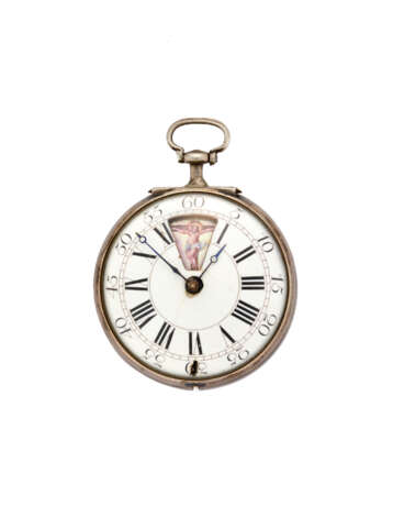 Daniel Moilliet, a Geneve | silver pocket watch | 17th/18th century | Key-wind movement | White dial with roman numerals and window for rotating iconography with five scenes | Diam. mm 46 | (defects) - photo 1