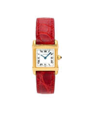 Cartier, Tank Cinese Ref. 6600 | gold wristwatch | 1970s | Quartz movement | White dial with roman numerals | Case n. 90205 | Cal. 66 | Size mm 22x22