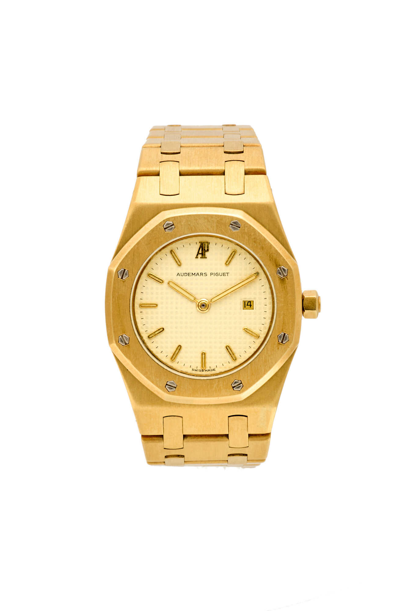Audemars Piguet, Royal Oak Ref. 56271BA | gold wristwatch | 1980s | Quartz movement | White tapisserie dial with indexes and date | Case n. N.372 - C77951 | Diam. mm 30 | box only