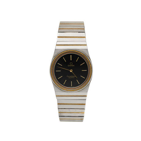 Omega, Constellation, Torsade Ref. DA 795.0816 | steel and gold wristwatch | 1980s | Quartz movement | Black dial with indexes | Movement n. 41088961 | Cal. 1387 | Diam. mm 30 | box only, inside marked 195.0008 / 395.0804 - Foto 1