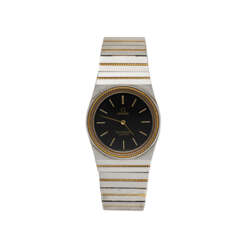 Omega, Constellation, Torsade Ref. DA 795.0816 | steel and gold wristwatch | 1980s | Quartz movement | Black dial with indexes | Movement n. 41088961 | Cal. 1387 | Diam. mm 30 | box only, inside marked 195.0008 / 395.0804