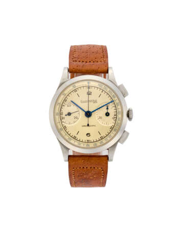Eberhard & Co., Chronograph | steel wristwatch | 1950s | Manual-wind movement | White dial with indexes, tachymetric scale and sub-dials | Case n. 2485 | Diam. mm 35 | (slight defects) - photo 1