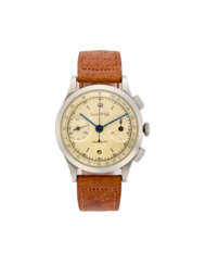 Eberhard & Co., Chronograph | steel wristwatch | 1950s | Manual-wind movement | White dial with indexes, tachymetric scale and sub-dials | Case n. 2485 | Diam. mm 35 | (slight defects)