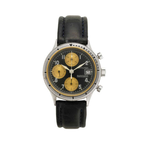 Hamilton, Khaki, Chronograph Ref. 930464P | steel and gold wristwatch | Year 1989 | Automatic movement | Black dial with arabic numerals | Cal. 7750 | Diam. mm 38 | box and paper - photo 1