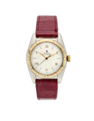 Rolex, Oyster Perpetual "Ovetto" Ref. 3372 | steel and gold wristwatch | Year 1954 | Automatic movement | Silvered dial with roman numerals | Case n. 20696 | Movement n. 37375 | Cal. 9 3/4" | Diam. mm 32