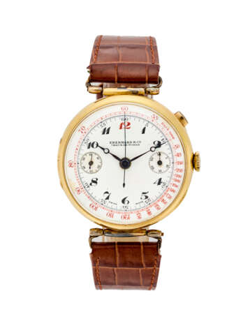 Eberhard & Co., Chronograph monopusher | gold wristwatch | 1930s | Manual-wind movement | White dial with arabic numerals, tachymetric scale and sub-dials | Case n. 176501 | Diam. mm 39 | (slight defects) - photo 1