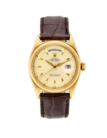 Rolex, Day-Date Ref. 1803 | gold wristwatch | Year 1961 | Automatic movement | Mustard dial with indexes day and date | Case n. 688936 | Movement n. DD35785 | Cal. 1555 | Diam. mm 36 - фото 1
