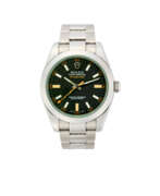 Produktkatalog. Rolex, Milgauss "Vetro verde" Ref. 116400GV | steel wristwatch | Year 2008 | Automatic movement | Black dial with indexes | Case n. M558586 | Movement n. 3 2292736 | Cal. 3131 | Diam. mm 40 | Full-set