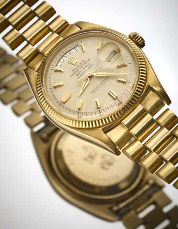 Rolex, Day-Date, retailed by Serpico y Laino Ref. 6611 | gold wristwatch | Year 1958 | Automatic movement | Mustard dial with indexes day and date | Case n. 386339 | Movement n. N698634 | Cal. 1055 | Diam. mm 36 - фото 3