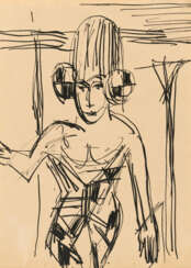 Ernst Ludwig Kirchner. Tänzerin mit hoher Kopfbedeckung. Von vorne gesehen in dreiviertel Figur