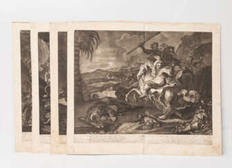 RIDINGER, JOHANN ELIAS (Ulm 1698-1767 Augsburg), 4 Blatt Mezzotinto "Die vier Kontinente": Asia, Africa, Europa und America,