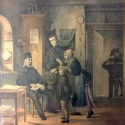 Unbek. Künstler: Vorstellung beim Steiger / Besuch beim Steiger, Farblithographie um 1850, hinter Glas im Rahmen, prima.
