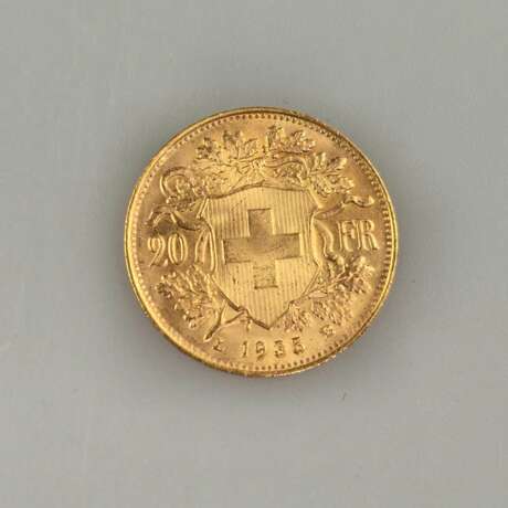 Goldmünze 20 Franken 1935 - Schweiz, Helvetia, "Vreneli"-Mot… - photo 2