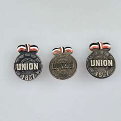Drei Abzeichen "Union 1867" - 800er Silber, Emaildekor, Abze…