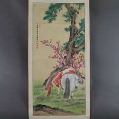 Chinesisches Rollbild - Landschaft mit zwei Pferden unter ei…