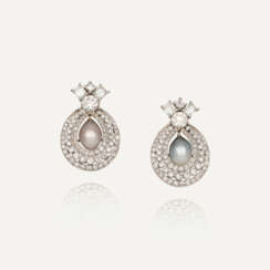 COLOURED NATURAL, CULTURED PEARL AND DIAMOND EARRINGS