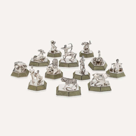 CARTIER SET OF TWELVE SILVER AND SHAGREEN ZODIAC FIGURINES - photo 3