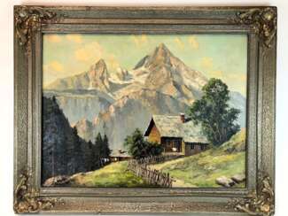 R. Queißer: Bauernhaus vor Alpen Panorama. Öl auf Leinwand. Frühes 20. Jahrhundert