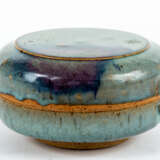 CHINESE LIGHT BLUE GLAZED CERAMIC LID JAR WITH BLUE AND PINK COLORED DASHES OF COLOR - photo 1