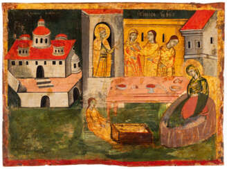 RARE GREEK ICON SHOWING THE NATIVITY OF THE MOTHER OF GOD AND A MONASTERY