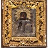 RUSSIAN SILVERED OKLAD ICON IN KIOT SHOWING CHRIST PANTOKRATOR - photo 1