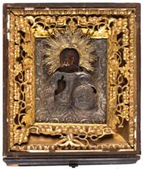 RUSSIAN SILVERED OKLAD ICON IN KIOT SHOWING CHRIST PANTOKRATOR