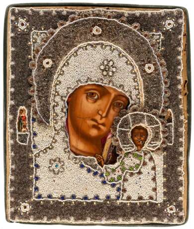 RUSSIAN EMBROIDERED PEARL OKLAD ICON SHOWING THE MOTHER OF GOD KAZANSKAYA - photo 1