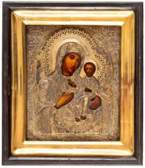 RUSSIAN ICON WITH BRASS OKLAD SHOWING THE MOTHER OF GOD SMOLENSKAYA