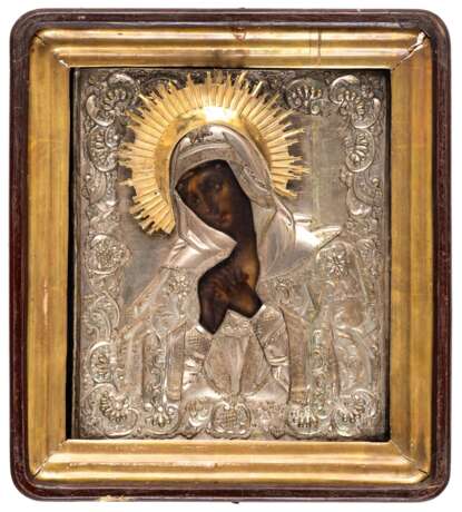 RUSSIAN SILVERED OKLAD ICON IN KIOT SHOWING THE MOURNING MOTHER OF GOD - фото 1