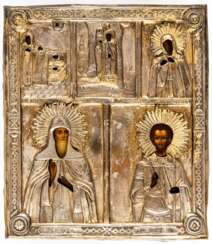 5 SMALL RUSSIAN ICONS UNDER ONE BRASS OKLAD SHOWING THE MOTHER OF GOD AND SAINTS