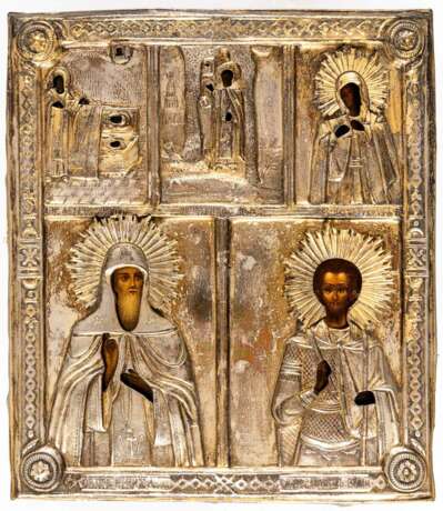 5 SMALL RUSSIAN ICONS UNDER ONE BRASS OKLAD SHOWING THE MOTHER OF GOD AND SAINTS - фото 1