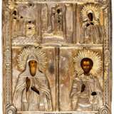 5 SMALL RUSSIAN ICONS UNDER ONE BRASS OKLAD SHOWING THE MOTHER OF GOD AND SAINTS - фото 1