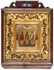 RUSSIAN GOLDGROUND ICON IN KIOT SHOWING THE WEDDING SAINTS SAMON, GURIJ AND AVIV