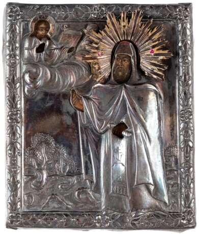 RARE RUSSIAN ICON WITH SILVER OKLAD SHOWING ST. ALEXANDER KUSHTSKY - фото 1
