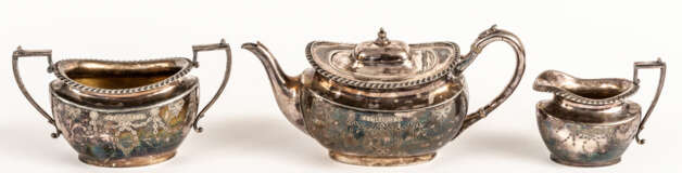DECORATIVE SILVER-PLATED TEA SET WITH TEA POT, CREAMER AND SUGAR BOWL - photo 1