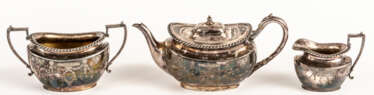 DECORATIVE SILVER-PLATED TEA SET WITH TEA POT, CREAMER AND SUGAR BOWL