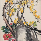 A VERY LARGE CHINESE AQUARELLE OF A ROCK WITH FLOWERING TWIG - photo 1