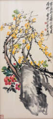 A VERY LARGE CHINESE AQUARELLE OF A ROCK WITH FLOWERING TWIG