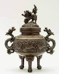 CHINESE BRONZE INCENSE BURNER WITH MYTHICAL CREATURES