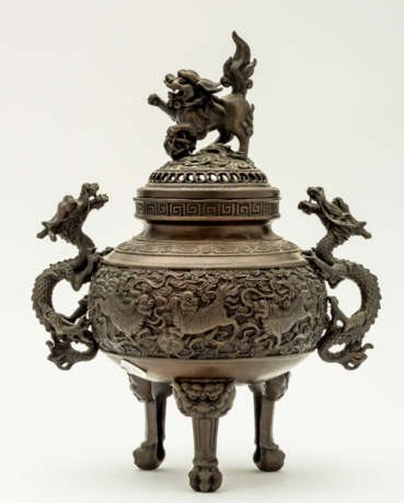 CHINESE BRONZE INCENSE BURNER WITH MYTHICAL CREATURES - photo 1