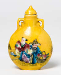 A CHINESE YELLOW PORCELAIN SNUFF-BOTTLE WITH CONGRATULATION SCENES